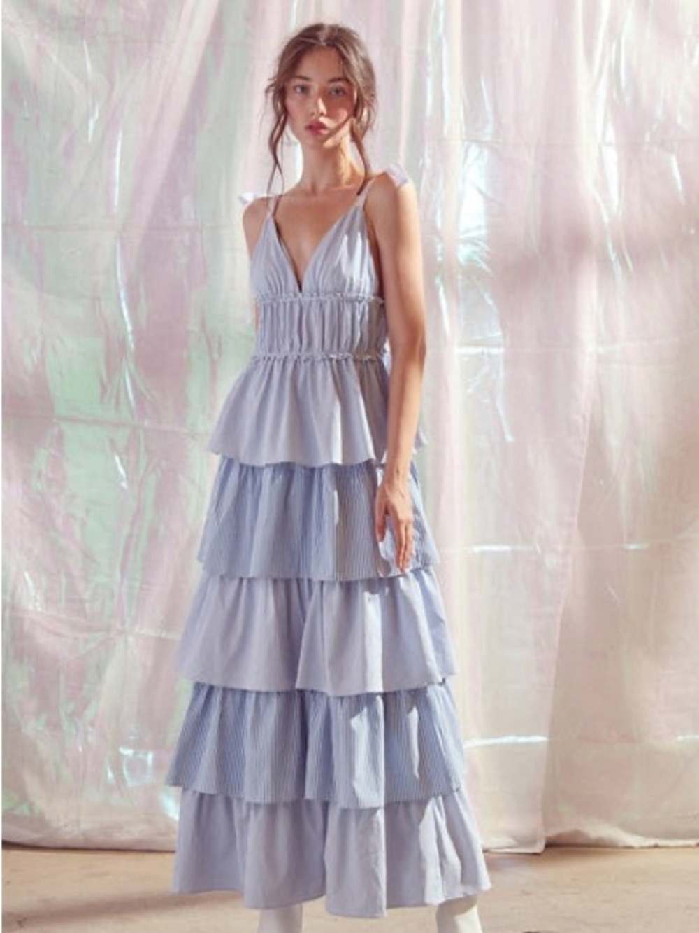 NWT Storia Blue Striped Tiered Maxi Dress with Tie Straps 100% Cotton
